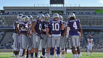 MANHATTAN, KS - OCTOBER 03: Quarterback Skylar Thompson #10 of the Kansas State Wildcats huddles with the offense against the Texas Tech Red Raiders during the first half at Bill Snyder Family Football Stadium on September 3, 2020 in Manhattan, Kansas. (Photo by Peter G. Aiken/Getty Images)