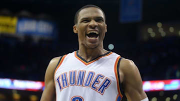 Oct 28, 2016; Oklahoma City, OK, USA; Oklahoma City Thunder guard Russell Westbrook (0) reacts after defeating the Phoenix Suns 113-110 in overtime at Chesapeake Energy Arena. Mandatory Credit: Mark D. Smith-USA TODAY Sports
