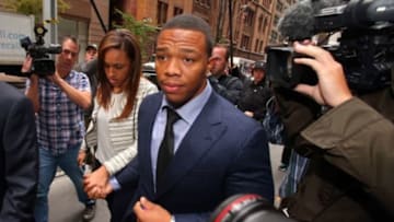 Nov 5, 2014; New York, NY, USA; Suspended NFL running back Ray Rice arrives with his wife, Janay Rice for his appeal hearing on his indefinite suspension from the NFL. Mandatory Credit: Brad Penner-USA TODAY