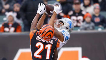 CINCINNATI, OH - DECEMBER 24: Marvin Jones #11 of the Detroit Lions makes a catch defended by Darqueze Dennard #21 of the Cincinnati Bengals during the second half at Paul Brown Stadium on December 24, 2017 in Cincinnati, Ohio. (Photo by Joe Robbins/Getty Images)
