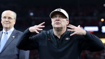 Head Coach Kirby Smart celebrates after the Georgia Bulldogs defeated the Alabama Crimson Tide 33-18 during the 2022 CFP National Championship Game at Lucas Oil Stadium. (Photo by Kevin C. Cox/Getty Images)