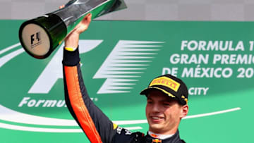 MEXICO CITY, MEXICO - OCTOBER 29: Race winner Max Verstappen of Netherlands and Red Bull Racing celebrates on the podium during the Formula One Grand Prix of Mexico at Autodromo Hermanos Rodriguez on October 29, 2017 in Mexico City, Mexico. (Photo by Mark Thompson/Getty Images)