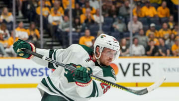 NASHVILLE, TN - OCTOBER 3: Jonas Brodin #25 of the Minnesota Wild shoots the puck against the Nashville Predators at Bridgestone Arena on October 3, 2019 in Nashville, Tennessee. (Photo by John Russell/NHLI via Getty Images)