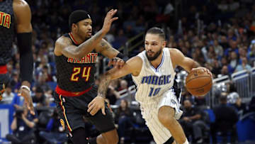 Jan 4, 2017; Orlando, FL, USA; Orlando Magic guard Evan Fournier (10) drives to the basket as Atlanta Hawks forward Kent Bazemore (24) defends during the second quarter at Amway Center. Mandatory Credit: Kim Klement-USA TODAY Sports