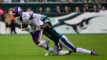 PHILADELPHIA, PA - OCTOBER 07: Wide receiver Laquon Treadwell #11 of the Minnesota Vikings is tackled by cornerback Jalen Mills #31 of the Philadelphia Eagles during the second quarter at Lincoln Financial Field on October 7, 2018 in Philadelphia, Pennsylvania. (Photo by Corey Perrine/Getty Images)