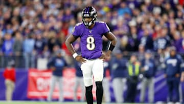 BALTIMORE, MARYLAND - JANUARY 11: Lamar Jackson #8 of the Baltimore Ravens reacts during the first half against the Tennessee Titans in the AFC Divisional Playoff game at M&T Bank Stadium on January 11, 2020 in Baltimore, Maryland. (Photo by Maddie Meyer/Getty Images)