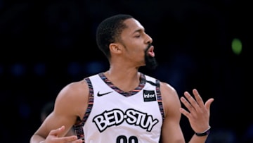 LOS ANGELES, CALIFORNIA - MARCH 10: Spencer Dinwiddie #26 of the Brooklyn Nets reacts to his offensive foul during a 104-102 win over the Los Angeles Lakers at Staples Center on March 10, 2020 in Los Angeles, California. (Photo by Harry How/Getty Images) NOTE TO USER: User expressly acknowledges and agrees that, by downloading and or using this photograph, User is consenting to the terms and conditions of the Getty Images License Agreement.
