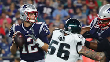 FOXBOROUGH, MA - AUGUST 16: Tom Brady #12 of the New England Patriots looks to pass in the first half against the Philadelphia Eagles during the preseason game at Gillette Stadium on August 16, 2018 in Foxborough, Massachusetts. (Photo by Tim Bradbury/Getty Images)