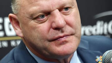 LAS VEGAS, NEVADA - APRIL 01: Head coach Gerard Gallant of the Vegas Golden Knights takes questions during a news conference following the team's 3-1 victory over the Edmonton Oilers at T-Mobile Arena on April 1, 2019 in Las Vegas, Nevada. (Photo by Ethan Miller/Getty Images)