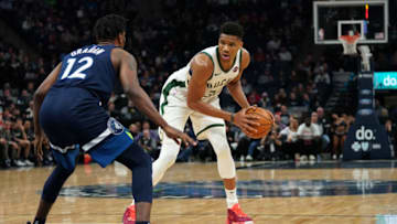 MINNEAPOLIS, MN - NOVEMBER 4: Giannis Antetokounmpo #34 of the Milwaukee Bucks handles the ball against the Minnesota Timberwolves. Copyright 2019 NBAE (Photo by Jordan Johnson/NBAE via Getty Images)