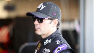 INDIANAPOLIS, INDIANA - SEPTEMBER 07: Jimmie Johnson, driver of the #48 Ally Chevrolet, stands in the garage area during practice for the Monster Energy NASCAR Cup Series Big Machine Vodka 400 at Indianapolis Motor Speedway on September 07, 2019 in Indianapolis, Indiana. (Photo by Chris Graythen/Getty Images)