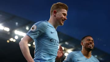 MANCHESTER, ENGLAND - APRIL 03: Kevin De Bruyne of Manchester City celebrates after scoring his team's first goal during the Premier League match between Manchester City and Cardiff City at Etihad Stadium on April 03, 2019 in Manchester, United Kingdom. (Photo by Clive Brunskill/Getty Images)