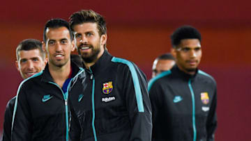 Sergio Roberto, Sergio Busquets, Gerard Pique and Ronald Federico Araujo of FC Barcelona (Photo by David Ramos/Getty Images)