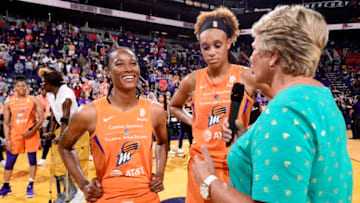 PHOENIX, AZ - AUGUST 4: Yvonne Turner #6 of the Phoenix Mercury smiles after the game against the Washington Mystics on August 4. 2019 at Talking Stick Resort Arena in Phoenix, Arizona. NOTE TO USER: User expressly acknowledges and agrees that, by downloading and/or using this photograph, user is consenting to the terms and conditions of the Getty Images License Agreement. Mandatory Copyright Notice: Copyright 2019 NBAE (Photo by Barry Gossage/NBAE via Getty Images)