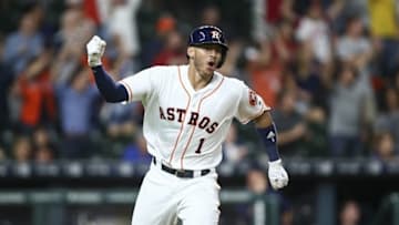 Sep 26, 2016; Houston, TX, USA; Houston Astros shortstop Carlos Correa (1) hits an RBI single during the ninth inning against the Seattle Mariners at Minute Maid Park. Mandatory Credit: Troy Taormina-USA TODAY Sports