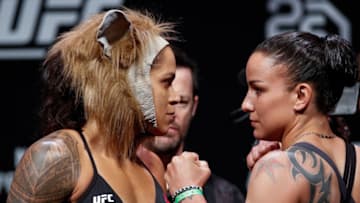 RIO DE JANEIRO, BRAZIL - MAY 11: Opponents Amanda Nunes (L) of Brazil and Raquel Pennington of the United States face off during the UFC 224 weigh-in at Jeunesse Arena on May 11, 2018 in Rio de Janeiro, Brazil. (Photo by Buda Mendes/Zuffa LLC/Zuffa LLC via Getty Images)