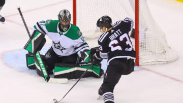 Dec 13, 2022; Newark, New Jersey, USA; New Jersey Devils left wing Jesper Bratt (63) attempts to tip the puck towards the net of Dallas Stars goaltender Scott Wedgewood (41) during the third period at Prudential Center. Mandatory Credit: Ed Mulholland-USA TODAY Sports