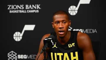 SALT LAKE CITY, UTAH - OCTOBER 02: Kris Dunn #11 of the Utah Jazz speaks during the Utah Jazz Media Day at Zions Bank Basketball Campus on October 02, 2023 in Salt Lake City, Utah. NOTE TO USER: User expressly acknowledges and agrees that, by downloading and or using this photograph, User is consenting to the terms and conditions of the Getty Images License Agreement. (Photo by Alex Goodlett/Getty Images)