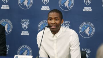 MINNEAPOLIS , MN - JULY 19: Jamal Crawford of the Minnesota Timberwolves speaks to the press regarding signing to the Minnesota Timberwolves at The Courts at Mayo Clinic Square on July 19, 2017 in Minneapolis, Minnesota. NOTE TO USER: User expressly acknowledges and agrees that, by downloading and or using this Photograph, User is consenting to the terms and conditions of the Getty Images License Agreement. Mandatory Copyright Notice: Copyright 2017 NBAE (Photo by Melissa Majchrzak/NBAE via Getty Images)