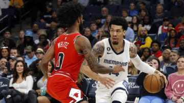 Feb 7, 2023; Memphis, Tennessee, USA; Memphis Grizzlies forward Danny Green (14) dribbles as Chicago Bulls guard Coby White (0) defends during the first half at FedExForum. Mandatory Credit: Petre Thomas-USA TODAY Sports