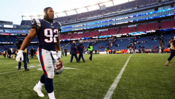 FOXBORO, MA - DECEMBER 31: James Harrison #92 of the New England Patriots exits the field after the game against the New York Jets at Gillette Stadium on December 31, 2017 in Foxboro, Massachusetts. (Photo by Maddie Meyer/Getty Images)