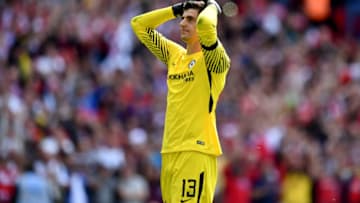 LONDON, ENGLAND - AUGUST 06: Thibaut Courtois of Chelea reacts to missing his sides second penalty during the The FA Community Shield final between Chelsea and Arsenal at Wembley Stadium on August 6, 2017 in London, England. (Photo by Dan Mullan/Getty Images)