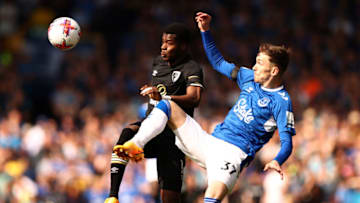 LIVERPOOL, ENGLAND - MAY 28: Dango Ouattara of AFC Bournemouth and James Garner of Everton battle for possession during the Premier League match between Everton FC and AFC Bournemouth at Goodison Park on May 28, 2023 in Liverpool, England. (Photo by Naomi Baker/Getty Images)