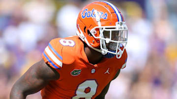 BATON ROUGE, LOUISIANA - OCTOBER 16: Khris Bogle #8 of the Florida Gators in action against the LSU Tigers during a game at Tiger Stadium on October 16, 2021 in Baton Rouge, Louisiana. (Photo by Jonathan Bachman/Getty Images)