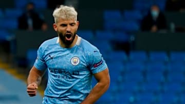 Manchester City's Argentinian striker Sergio Aguero celebrates scoring their first goal from the penalty spot to equalise 1-1 during the UEFA Champions League football Group C match between Manchester City and Porto at the Etihad Stadium in Manchester, north west England on October 21, 2020. (Photo by Tim Keeton / POOL / AFP) (Photo by TIM KEETON/POOL/AFP via Getty Images)