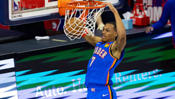 OKC Thunder forward Darius Bazley (7) dunks the ball against the Philadelphia 76ers Bill Streicher-USA TODAY Sports