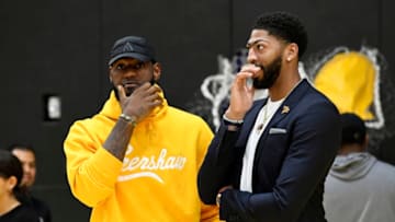 EL SEGUNDO, CALIFORNIA - JULY 13: Anthony Davis (R) talks with LeBron James as Davis is introduced as the newest player of the Los Angeles Lakers during a press conference at UCLA Health Training Center on July 13, 2019 in El Segundo, California. NOTE TO USER: User expressly acknowledges and agrees that, by downloading and/or using this Photograph, user is consenting to the terms and conditions of the Getty Images License Agreement. (Photo by Kevork Djansezian/Getty Images)