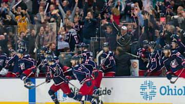 COLUMBUS, OH - APRIL 03: Columbus Blue Jackets center Brandon Dubinsky (17) and teammates clear the bench after the winning goal was scored in overtime of a game between the Columbus Blue Jackets and the Detroit Red Wings on April 03, 2018 at Nationwide Arena in Columbus, OH.(Photo by Adam Lacy/Icon Sportswire via Getty Images)