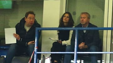 LONDON, ENGLAND - APRIL 26: Roman Abramovic, Cheslea Chairman and former Football player and Coach, Leonid Slutsky (L) watch on during the FA Youth Cup Final, second leg between Chelsea and Mancherster City at Stamford Bridge on April 26, 2017 in London, England. (Photo by Steve Bardens/Getty Images)