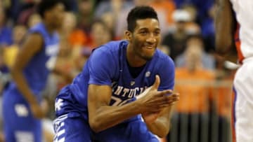 Feb 7, 2015; Gainesville, FL, USA; Kentucky Wildcats forward Marcus Lee (00) claps his hands against the Florida Gators during the second half at Stephen C. O