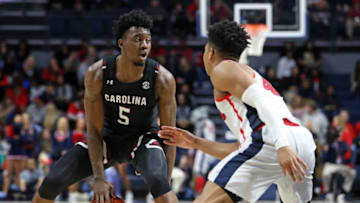 Feb 5, 2020; Oxford, Mississippi, USA; South Carolina Gamecocks guard Jermaine Couisnard (5) dribbles during the second half against the Mississippi Rebels at The Pavilion at Ole Miss. Mandatory Credit: Petre Thomas-USA TODAY Sports