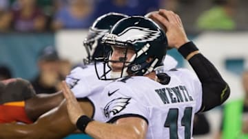 Aug 11, 2016; Philadelphia, PA, USA; Philadelphia Eagles quarterback Carson Wentz (11) throws against the Tampa Bay Buccaneers at Lincoln Financial Field. The Philadelphia Eagles won 17-9. Mandatory Credit: Bill Streicher-USA TODAY Sports