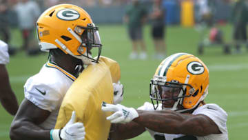 July 29, 2021; Green Bay, WI, USA; Green Bay Packers running back Kylin Hill (32) is shown during the second day of training camp Thursday, July 29, 2021 in Green Bay, Wis.Mandatory Credit: Mark Hoffman-USA TODAY NETWORK