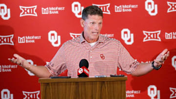 Oklahoma head football coach Brent Venables speaks during media day for the University of Oklahoma football at the Gaylord Family Oklahoma Memorial Stadium in Norman, Okla., Tuesday, Aug., 2, 2022.Ou Fb Media Day