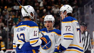 Nov 11, 2023; Pittsburgh, Pennsylvania, USA; Buffalo Sabres left wing Jordan Greenway (12) and right wing JJ Peterka (77) and right wing Tage Thompson (72) talk before a face-off against the Pittsburgh Penguins during the second period at PPG Paints Arena. Mandatory Credit: Charles LeClaire-USA TODAY Sports