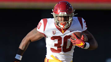 Nov 14, 2020; Tucson, Arizona, USA; USC Trojans running back Markese Stepp (30) runs with the ball against the Arizona Wildcats during the second half at Arizona Stadium. Mandatory Credit: Joe Camporeale-USA TODAY Sports