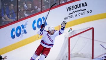 Nov 7, 2015; Glendale, AZ, USA; New York Rangers center Dominic Moore (28) celebrates after a goal by right wing Jesper Fast (not pictured) during the first period against the Arizona Coyotes at Gila River Arena. Mandatory Credit: Matt Kartozian-USA TODAY Sports