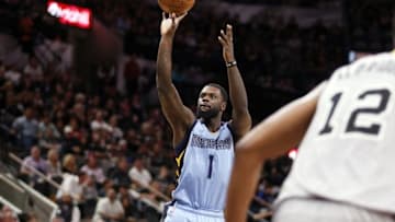 Mar 25, 2016; San Antonio, TX, USA; Memphis Grizzlies small forward Lance Stephenson (1) shoots the ball against the San Antonio Spurs during the second half at AT&T Center. Mandatory Credit: Soobum Im-USA TODAY Sports
