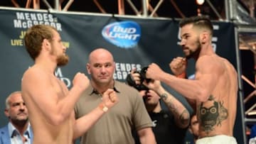 Jul 10, 2015; Las Vegas, NV, USA; Gunnar Nelson weighs and Brandon Tatch (not pictured) face off during weigh-ins for UFC 189 at MGM Grand Garden Arena. Mandatory Credit: Joe Camporeale-USA TODAY Sports