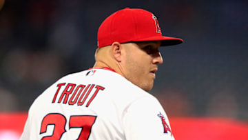 ANAHEIM, CA - SEPTEMBER 25: Mike Trout #27 of the Los Angeles Angels of Anaheim looks on prior to a game against the Texas Rangers at Angel Stadium on September 25, 2018 in Anaheim, California. (Photo by Sean M. Haffey/Getty Images)