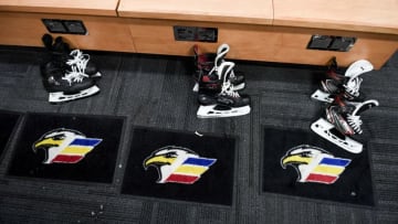 LOVELAND, CO - FEBRUARY 6: Colorado Eagles players' skates during practice on Wednesday, February 6, 2019. (Photo by AAron Ontiveroz/MediaNews Group/The Denver Post via Getty Images)
