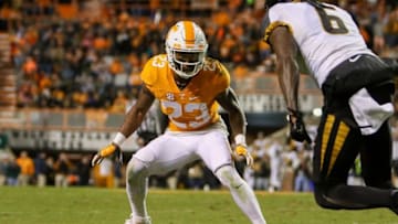 Nov 19, 2016; Knoxville, TN, USA; Tennessee Volunteers defensive back Cameron Sutton (23) defends during the second half against the Missouri Tigers at Neyland Stadium. Tennessee won 63-37. Mandatory Credit: Randy Sartin-USA TODAY Sports