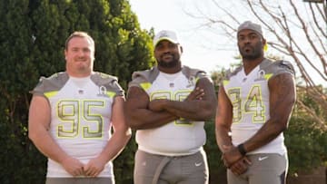January 23, 2015; Phoenix, AZ, USA; Buffalo Bills players Team Carter defensive tackle Kyle Williams (95), Team Carter defensive tackle Marcell Dareus (99), and Team Carter defensive end Mario Williams (94) during photo day at The Arizona Biltmore. Mandatory Credit: Kyle Terada-USA TODAY Sports
