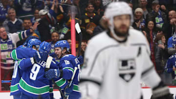 VANCOUVER, BC - OCTOBER 09: Brandon Sutter #20 of the Vancouver Canucks celebrates his goal against the Los Angeles Kings with teammate Jake Virtanen #18 during the first period at Rogers Arena on October 9, 2019 in Vancouver, Canada. (Photo by Ben Nelms/Getty Images)