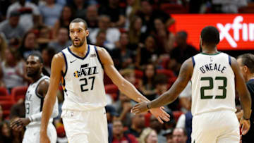 MIAMI, FL - DECEMBER 02: Rudy Gobert #27 of the Utah Jazz celebrates with Royce O'Neale #23 against the Miami Heat at American Airlines Arena on December 2, 2018 in Miami, Florida. NOTE TO USER: User expressly acknowledges and agrees that, by downloading and or using this photograph, User is consenting to the terms and conditions of the Getty Images License Agreement. (Photo by Michael Reaves/Getty Images)