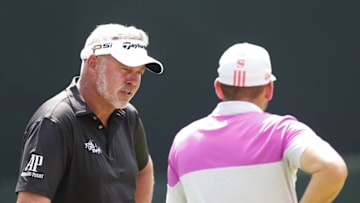 Jul 27, 2016; Springfield, NJ, USA; PGA golfer and 2016 European Ryder Cup Captain Darren Clarke talks with Sergio Garcia during a practice round for the 2016 PGA Championship golf tournament at Baltusrol GC - Lower Course. Mandatory Credit: Brian Spurlock-USA TODAY Sports